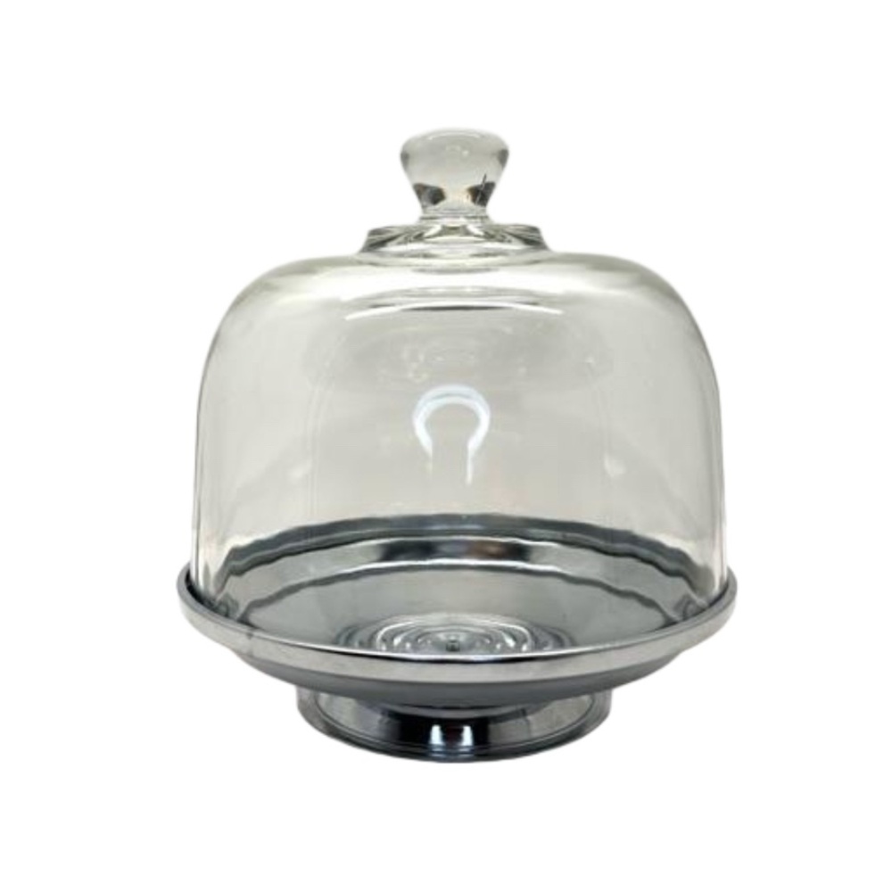 Cheese Platter with Chrome Pedestal Stand Glass Dome Cloche Lid USA Vtg Dessert